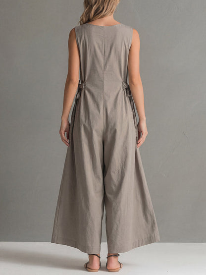 Iris - Stijlvolle Linnen Jumpsuit Dames met Diepe V-hals en Ringsluiting