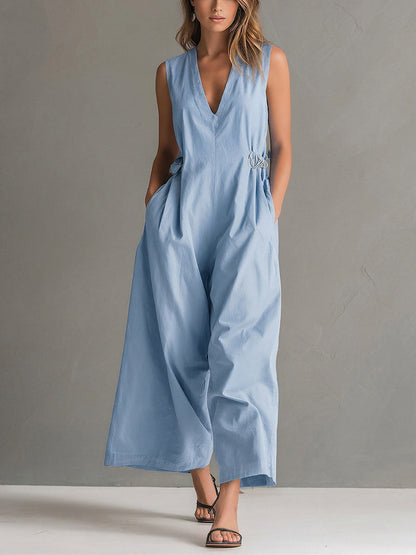 Iris - Stijlvolle Linnen Jumpsuit Dames met Diepe V-hals en Ringsluiting