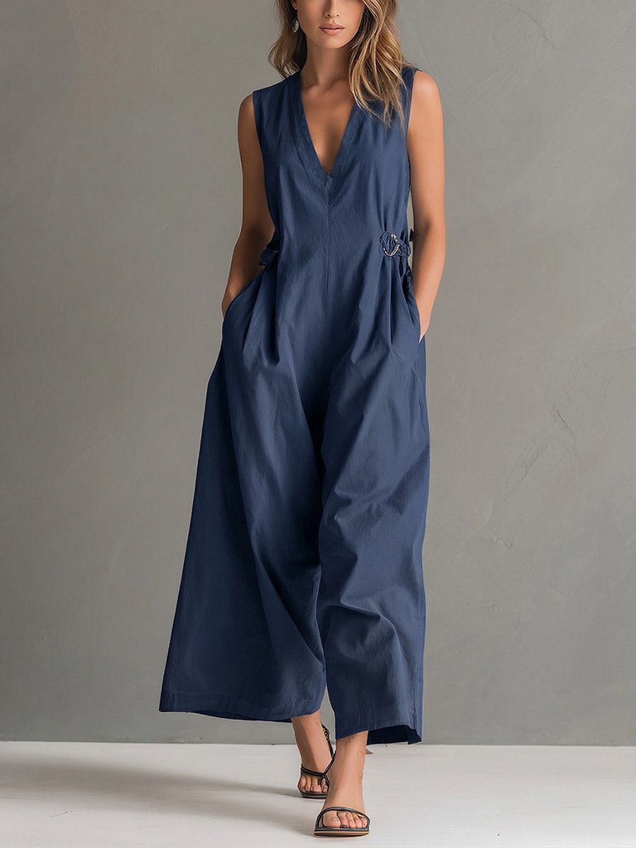Iris - Stijlvolle Linnen Jumpsuit Dames met Diepe V-hals en Ringsluiting