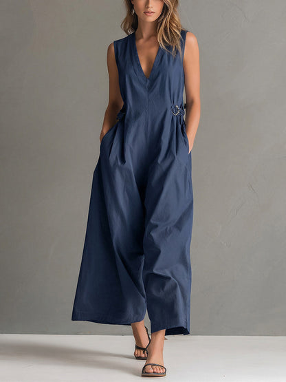Iris - Stijlvolle Linnen Jumpsuit Dames met Diepe V-hals en Ringsluiting
