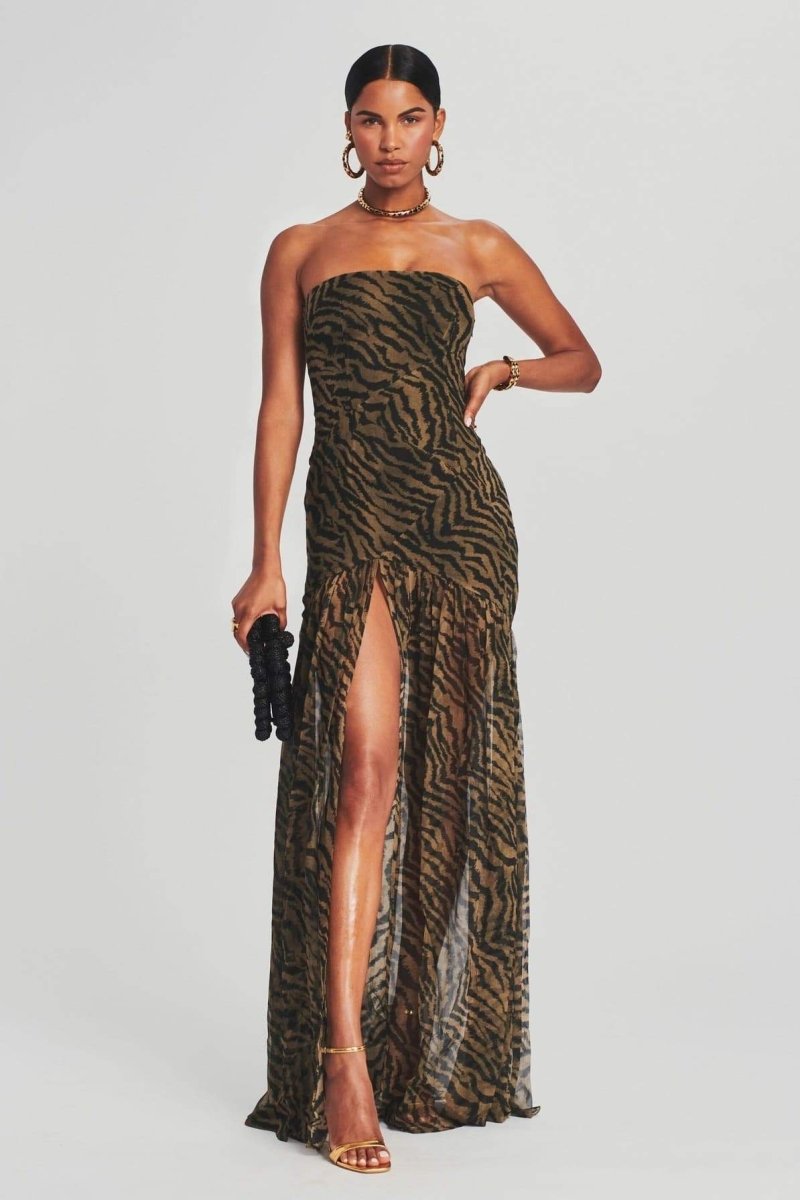 Iris - Stoere Galajurk Dames Strapless met Dierenprint en Hoge Split