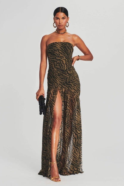 Iris - Stoere Galajurk Dames Strapless met Dierenprint en Hoge Split