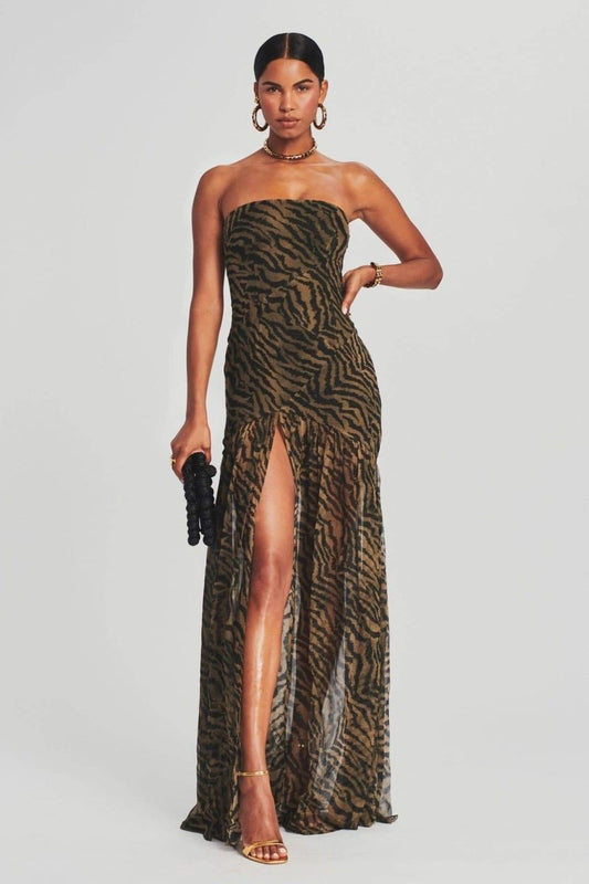 Iris - Stoere Galajurk Dames Strapless met Dierenprint en Hoge Split