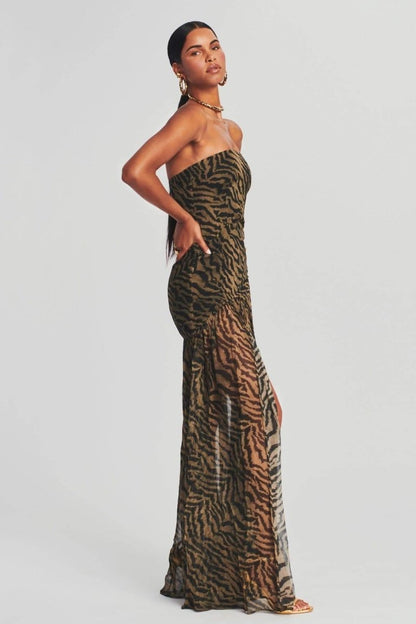 Iris - Stoere Galajurk Dames Strapless met Dierenprint en Hoge Split