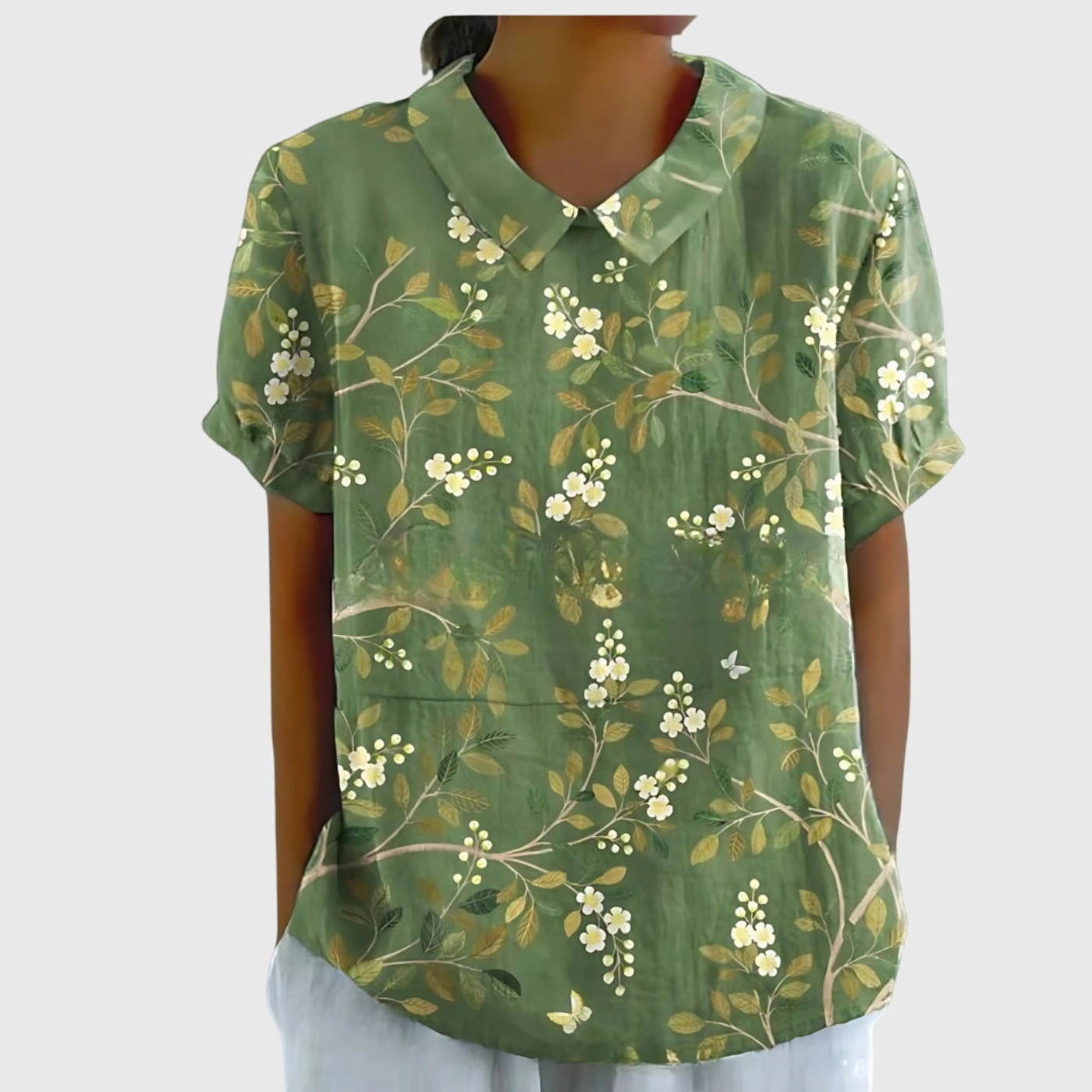 Isa - Bloemenprint Linnen Overhemd Dames met V-Hals en Korte Mouwen
