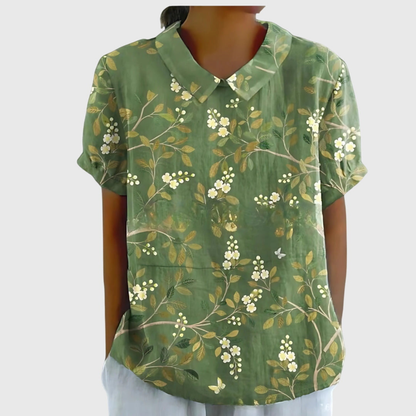 Isa - Bloemenprint Linnen Overhemd Dames met V-Hals en Korte Mouwen