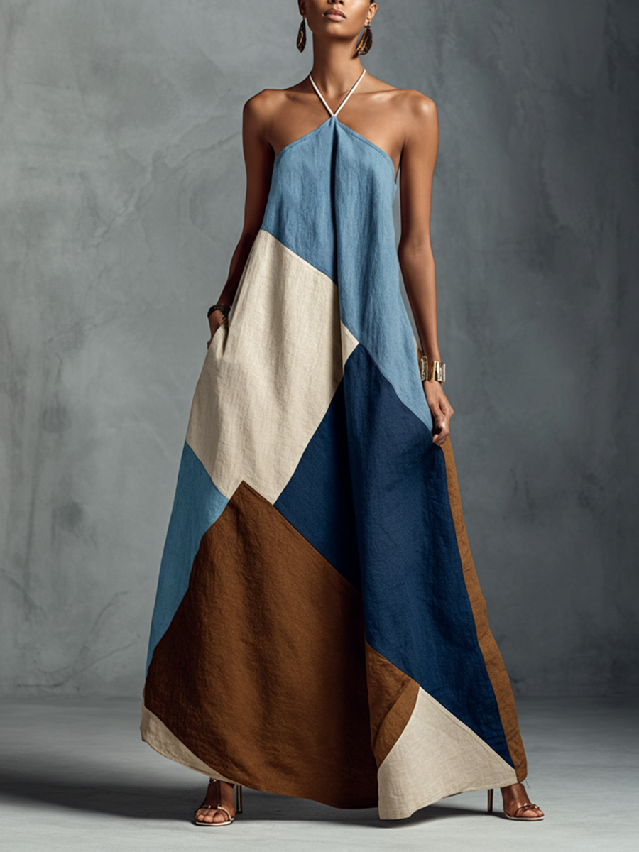 Isa - Boho Linnen Jurk Dames met Halterhals en Zakken