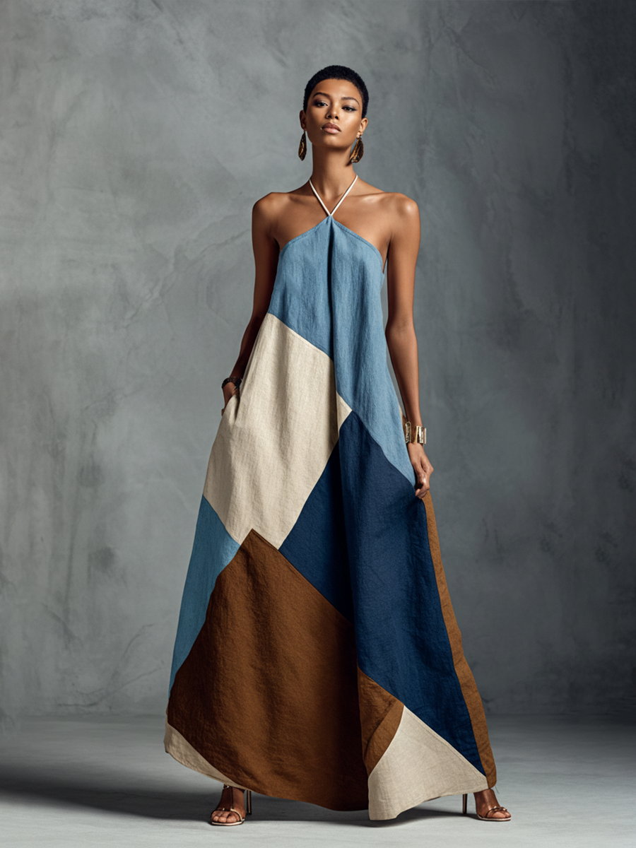 Isa - Boho Linnen Jurk Dames met Halterhals en Zakken