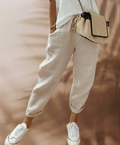 Isa - Casual Linnen Broek Dames met Elastische Taille en Omgeslagen Zoom