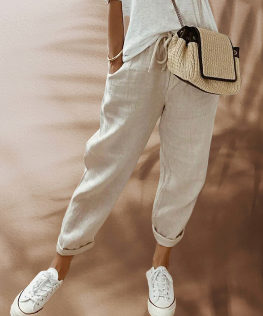 Isa - Casual Linnen Broek Dames met Elastische Taille en Omgeslagen Zoom