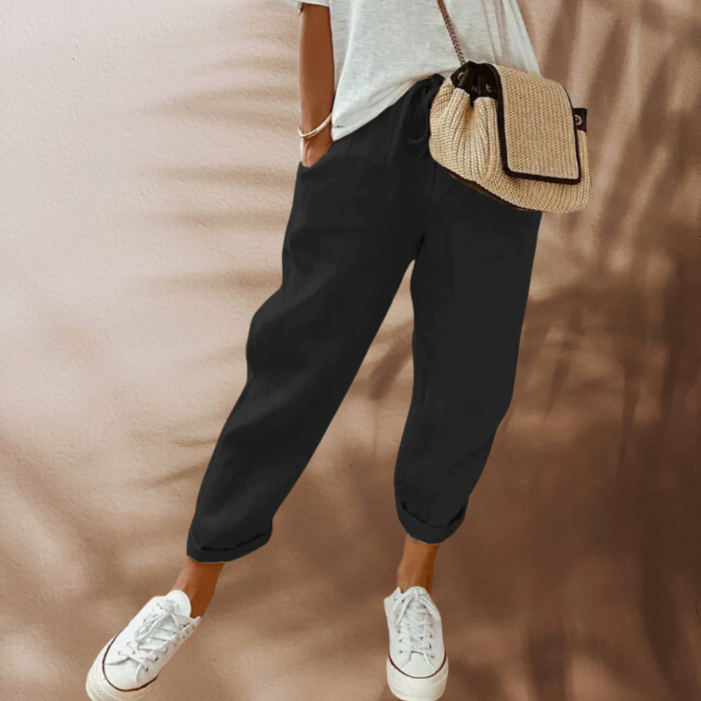 Isa - Casual Linnen Broek Dames met Elastische Taille en Omgeslagen Zoom