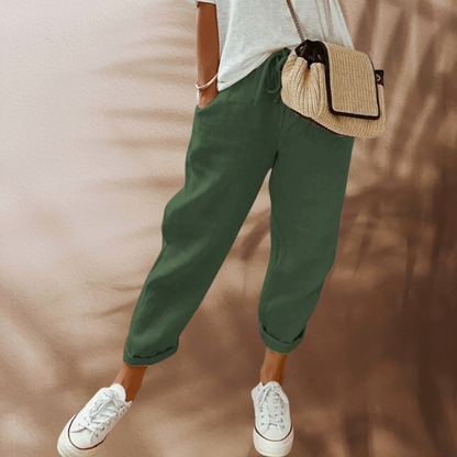 Isa - Casual Linnen Broek Dames met Elastische Taille en Omgeslagen Zoom