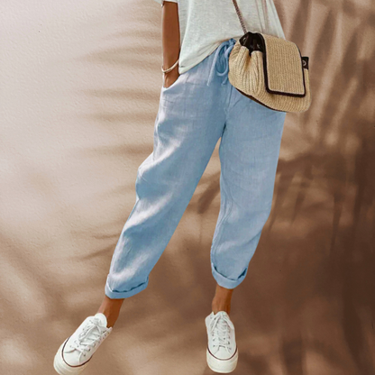 Isa - Casual Linnen Broek Dames met Elastische Taille en Omgeslagen Zoom