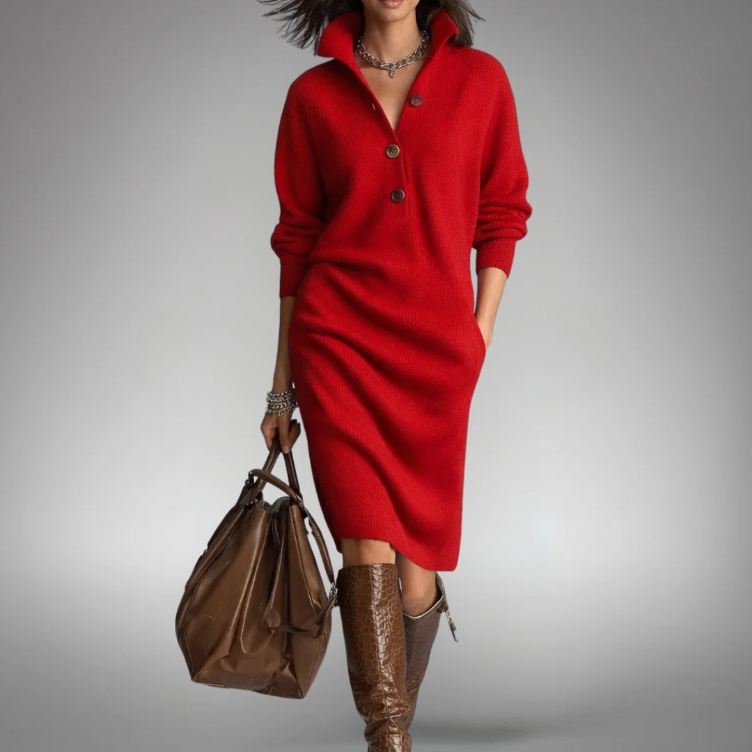 Isa - Dames Gebreide Midi Jurk voor Herfst en Winter met Kwart Rits