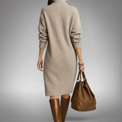 Isa - Dames Gebreide Midi Jurk voor Herfst en Winter met Kwart Rits