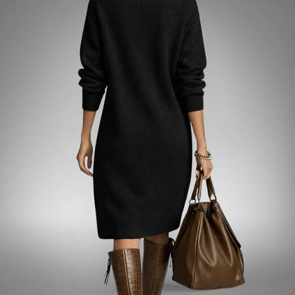Isa - Dames Gebreide Midi Jurk voor Herfst en Winter met Kwart Rits