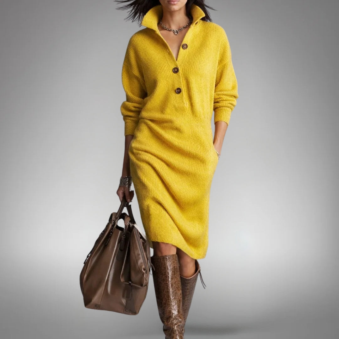 Isa - Dames Gebreide Midi Jurk voor Herfst en Winter met Kwart Rits