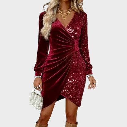 Isa - Dames Kerstjurk Glitter met Wikkelmodel en Asymmetrische Zoom