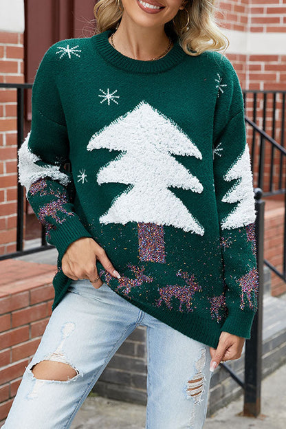 Isa - Dames Kersttrui Gebreid met Pluche Stijl Kerstboom en Rendieren