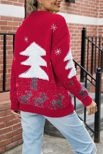 Isa - Dames Kersttrui Gebreid met Pluche Stijl Kerstboom en Rendieren