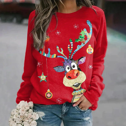 Isa - Dames Kersttrui Warm met Glitter Kerstboomprint en Ronde Hals