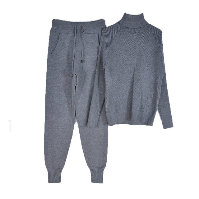 Isa - Dames Loungewear Set Gebreide Coltrui en Broek met Trekkoord