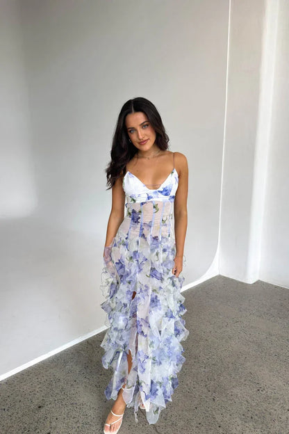 Isa - Romantische Bruiloft Gastenjurk Dames met Bloemenprint en Bandjes
