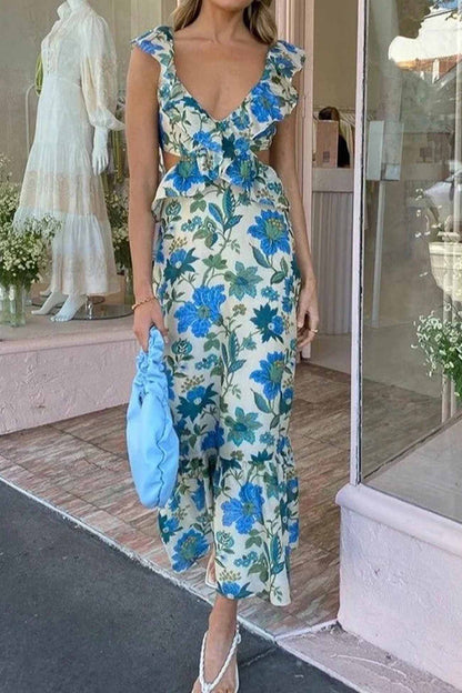 Isa - Romantische Bruiloft Gastenjurk Dames met Ruffle Schouderbandjes en Bloemenprint