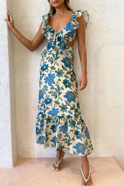 Isa - Romantische Bruiloft Gastenjurk Dames met Ruffle Schouderbandjes en Bloemenprint