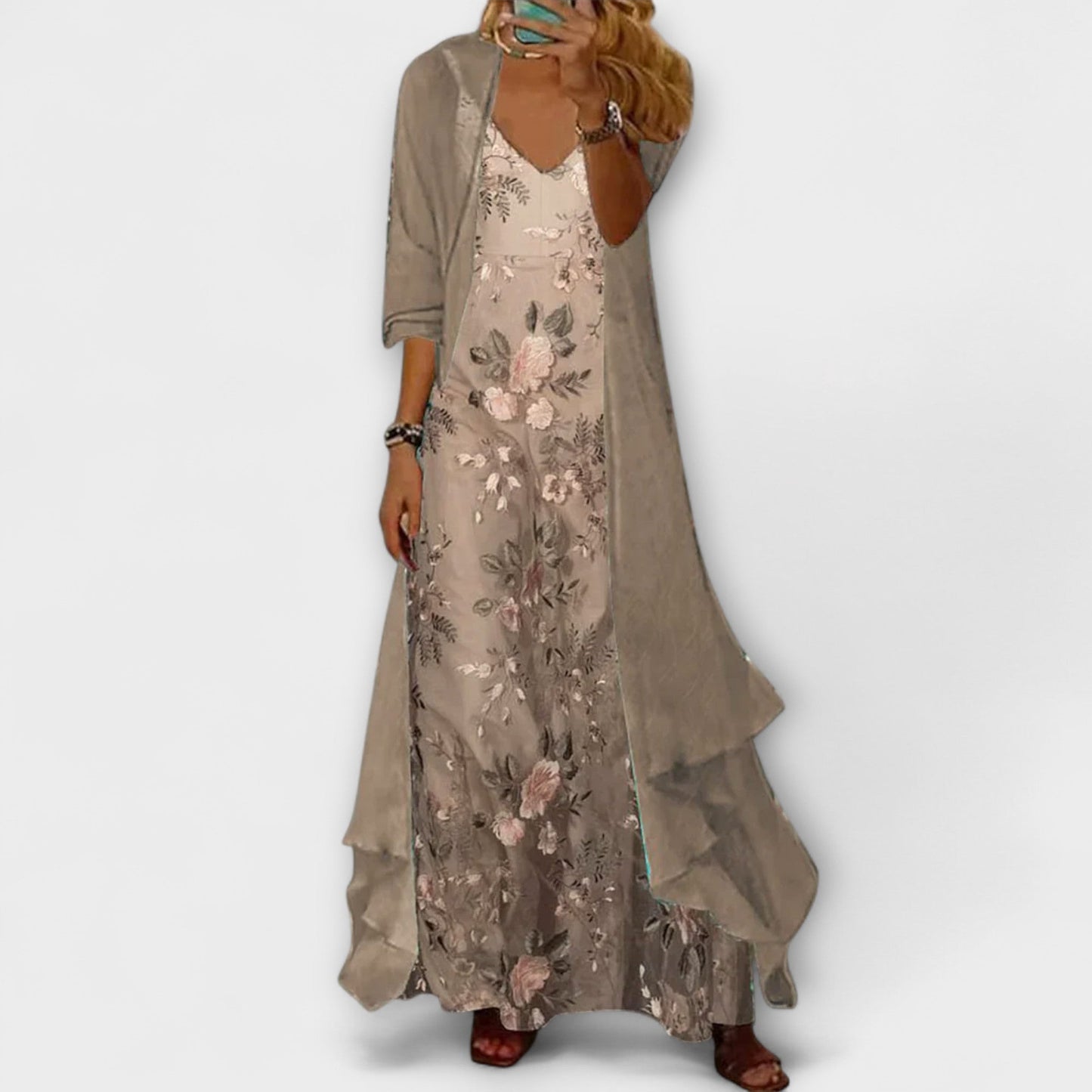 Isa - Romantische Zomerjurk Dames Maxi met Geborduurde Bloemen en Lange Cardigan
