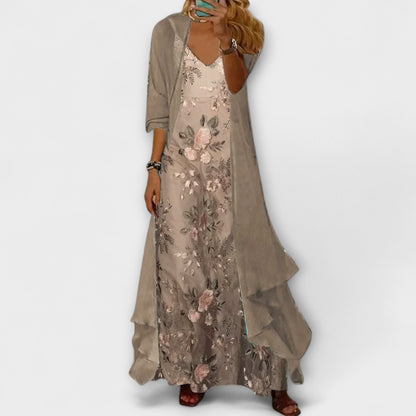 Isa - Romantische Zomerjurk Dames Maxi met Geborduurde Bloemen en Lange Cardigan