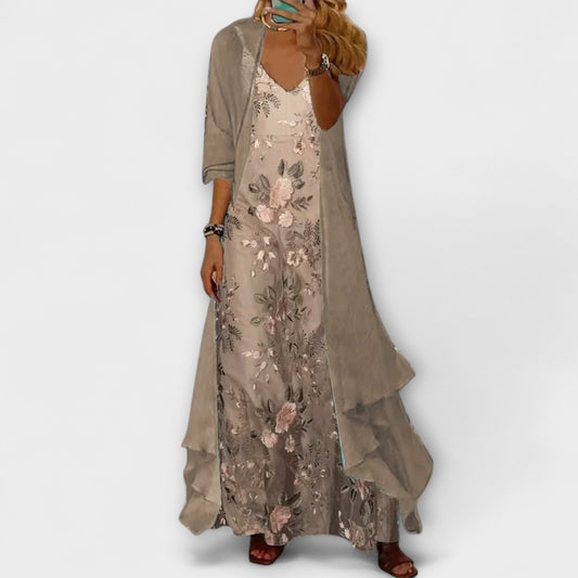 Isa - Romantische Zomerjurk Dames Maxi met Geborduurde Bloemen en Lange Cardigan