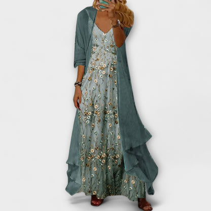 Isa - Romantische Zomerjurk Dames Maxi met Geborduurde Bloemen en Lange Cardigan