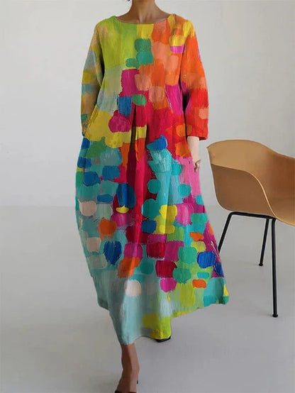 Isa - Vrolijke Linnen Jurk Dames met Abstracte Kleurenprint en Wijde Rok