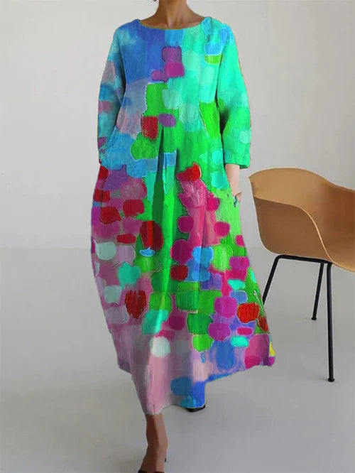 Isa - Vrolijke Linnen Jurk Dames met Abstracte Kleurenprint en Wijde Rok