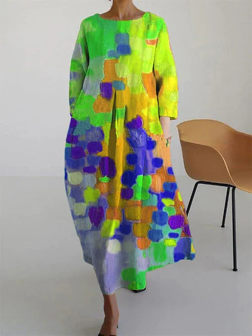 Isa - Vrolijke Linnen Jurk Dames met Abstracte Kleurenprint en Wijde Rok