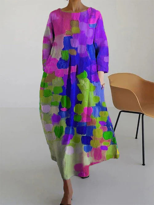 Isa - Vrolijke Linnen Jurk Dames met Abstracte Kleurenprint en Wijde Rok