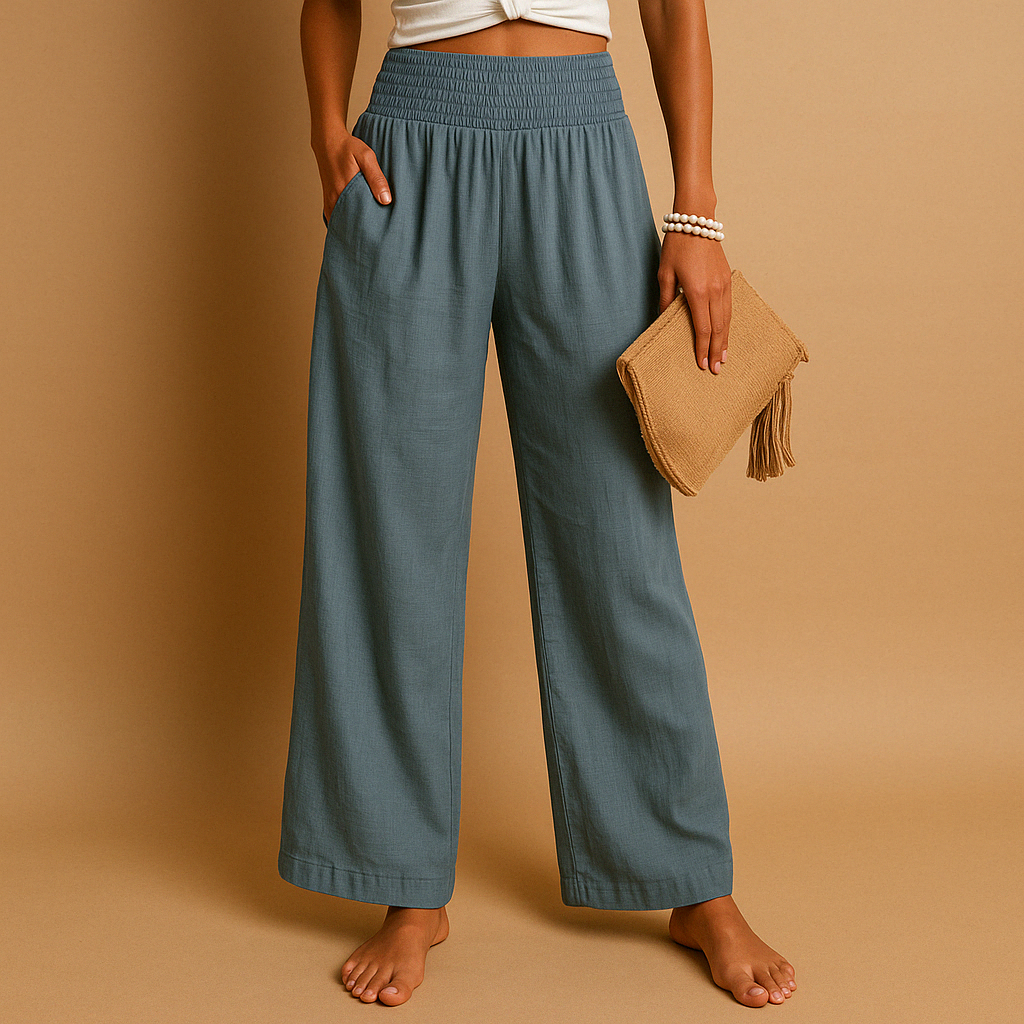Julia - Casual Linnen Broek Dames met Hoge Taille en Wijde Pijpen