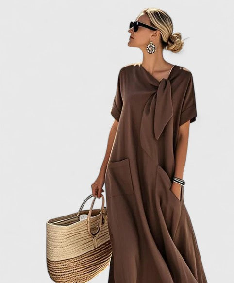 Julia - Casual Zomerjurk Dames Maxi met Strikdetail en Opgestikte Zakken