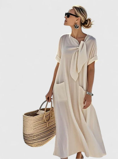 Julia - Casual Zomerjurk Dames Maxi met Strikdetail en Opgestikte Zakken