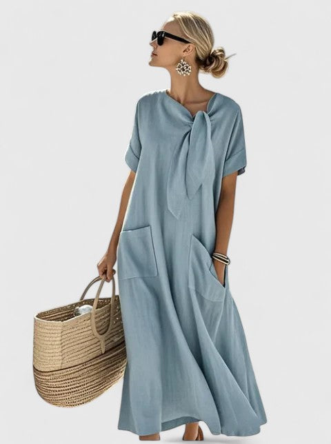 Julia - Casual Zomerjurk Dames Maxi met Strikdetail en Opgestikte Zakken