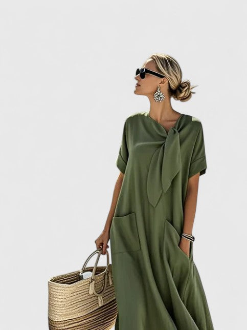 Julia - Casual Zomerjurk Dames Maxi met Strikdetail en Opgestikte Zakken