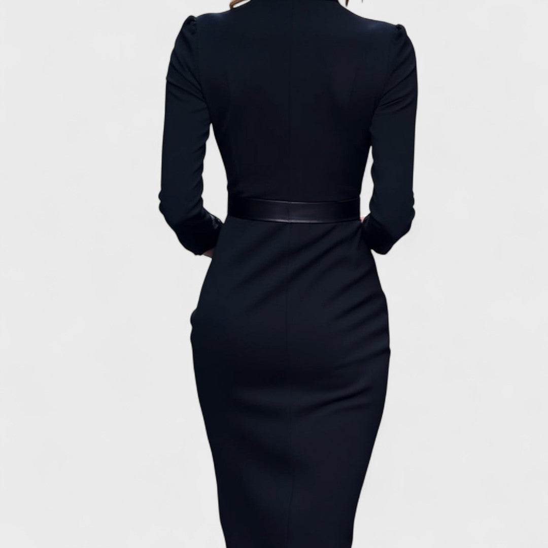 Julia - Dames Midi Jurk Getailleerd met Lange Mouwen Riem en V-hals