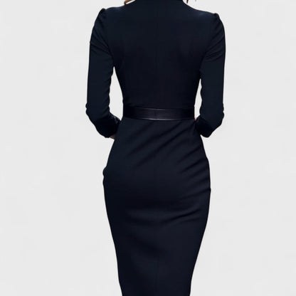 Julia - Dames Midi Jurk Getailleerd met Lange Mouwen Riem en V-hals