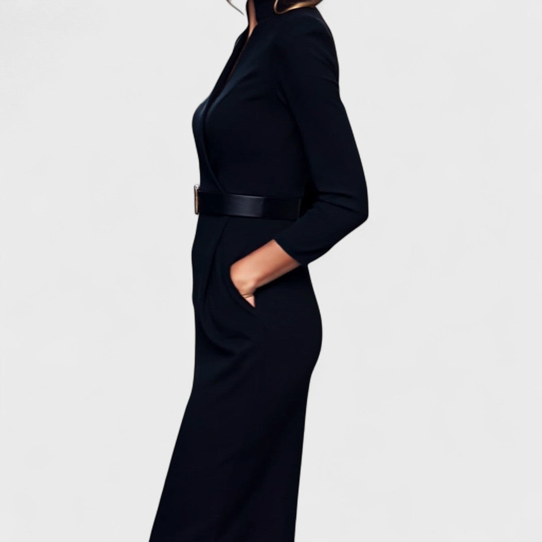 Julia - Dames Midi Jurk Getailleerd met Lange Mouwen Riem en V-hals