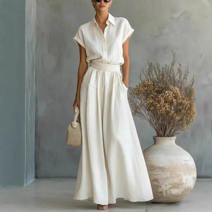 Julia - Elegante 2-Delige Linnen Set Dames met Kraag en Wijde Rok