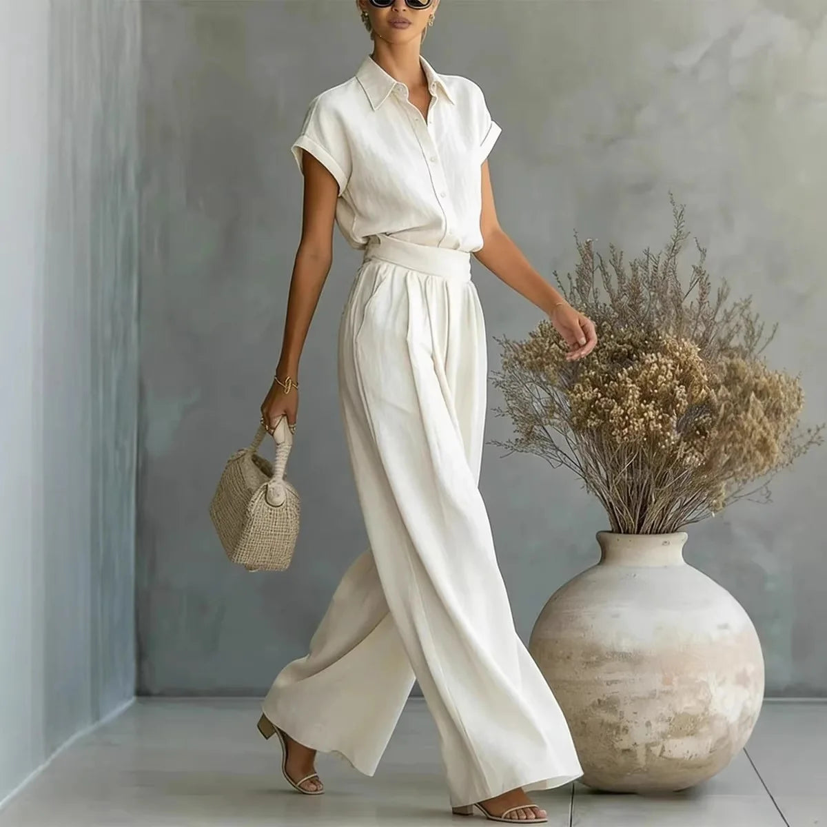 Julia - Elegante 2-Delige Linnen Set Dames met Kraag en Wijde Rok