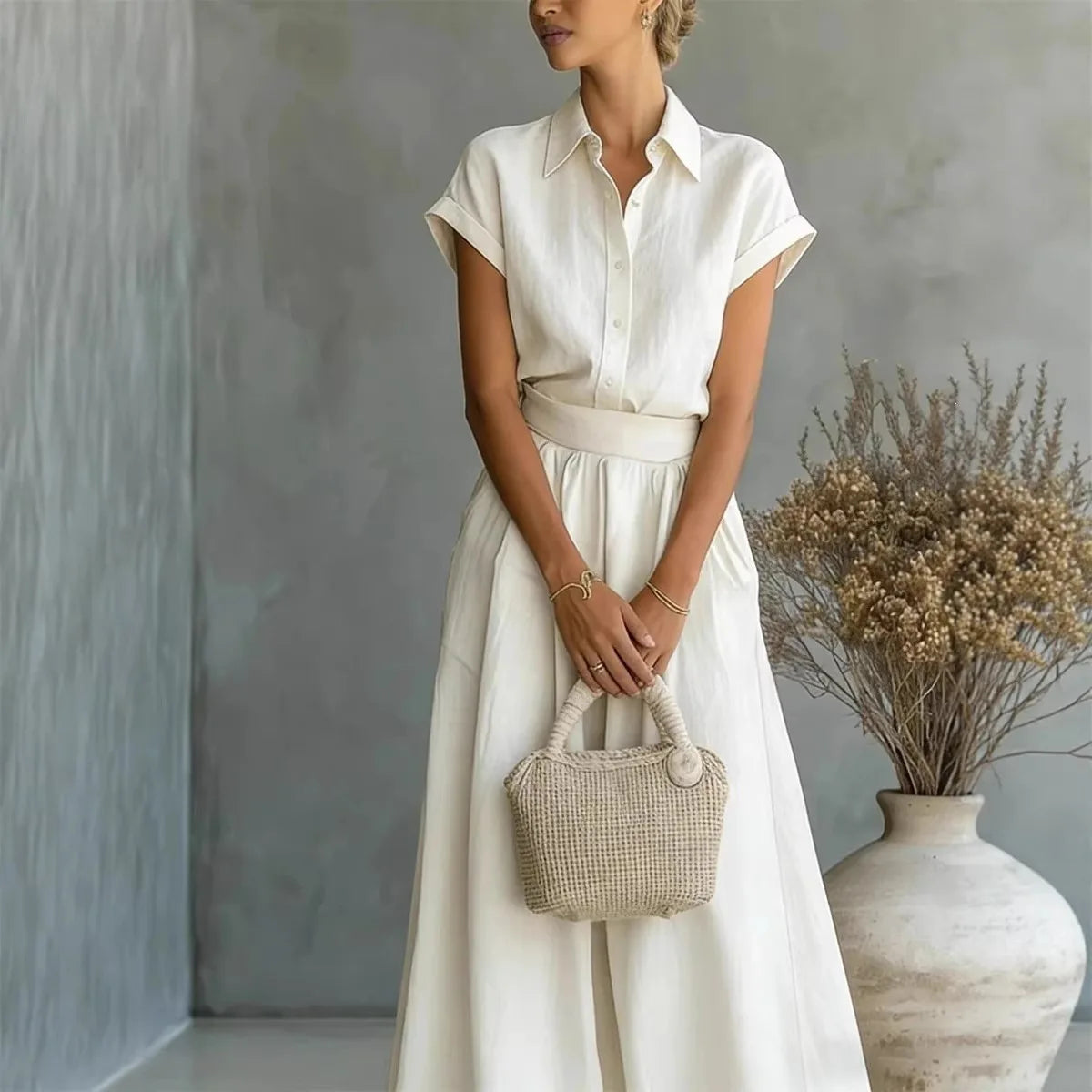 Julia - Elegante 2-Delige Linnen Set Dames met Kraag en Wijde Rok