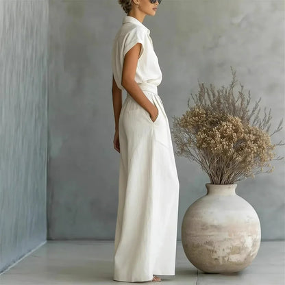 Julia - Elegante 2-Delige Linnen Set Dames met Kraag en Wijde Rok