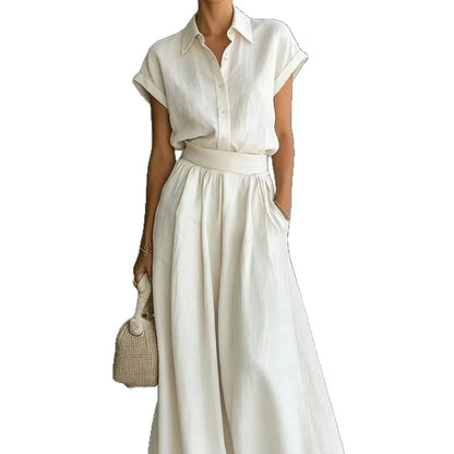 Julia - Elegante 2-Delige Linnen Set Dames met Kraag en Wijde Rok